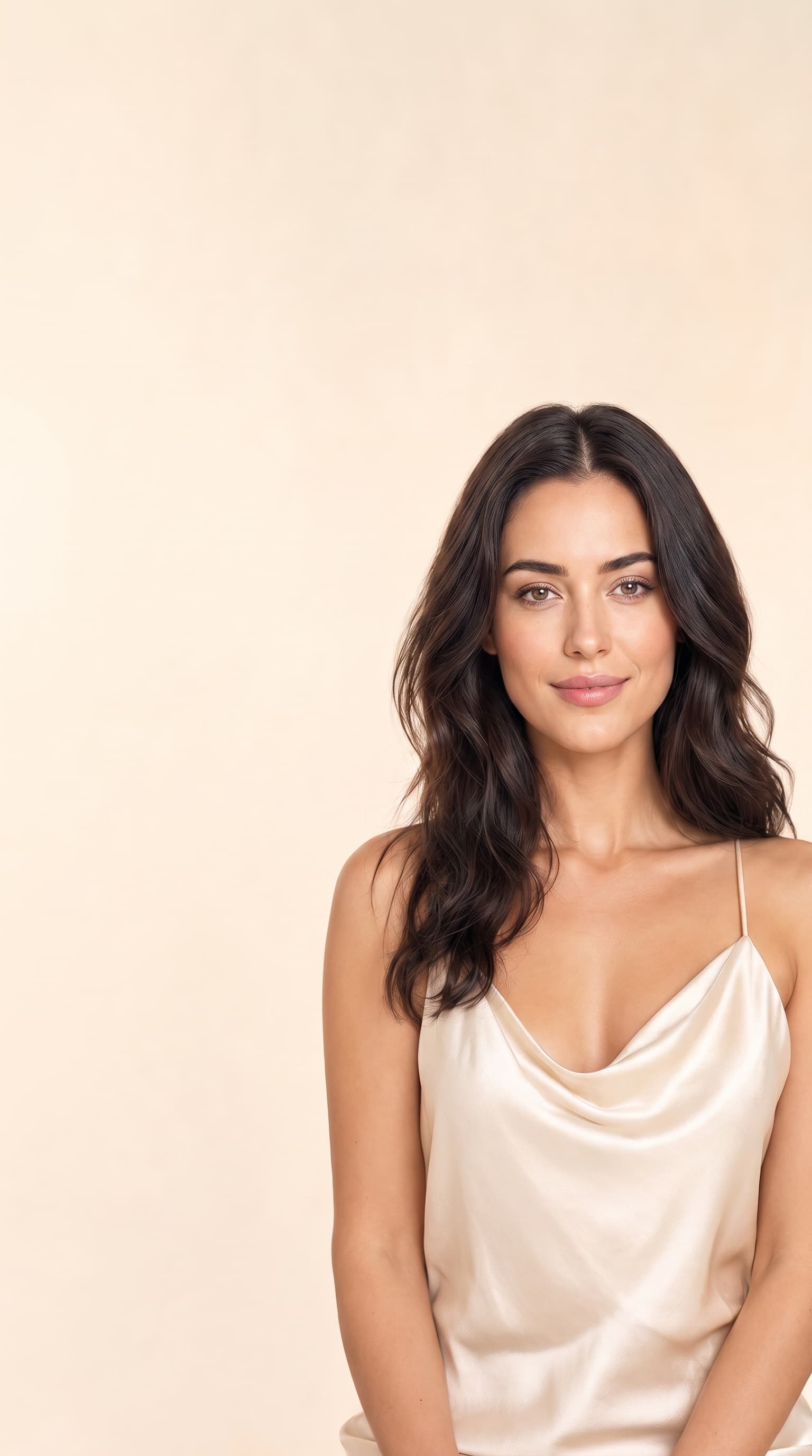 Adult woman in a warm ivory luxury skincare editorial portrait